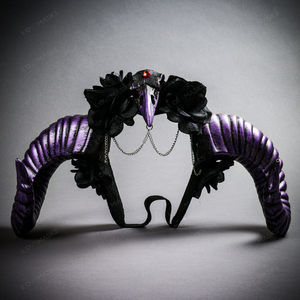 Gothic Demon Raven Skull Large Horn & Rose Headband - Black Purple